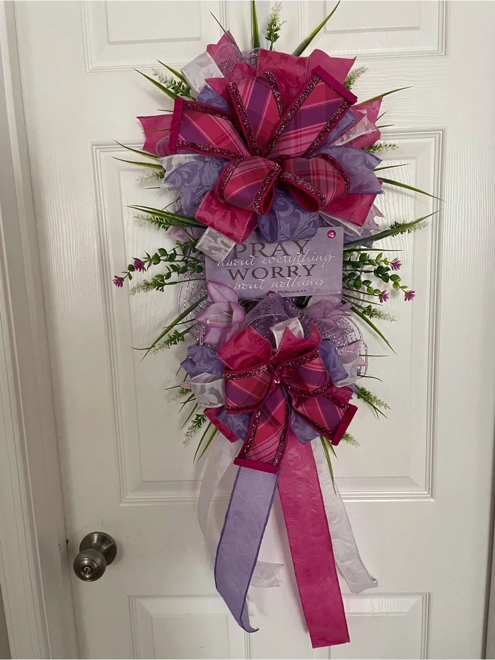 Home Holiday Pink & Purple Ribbon Door Swag with Floral Accents